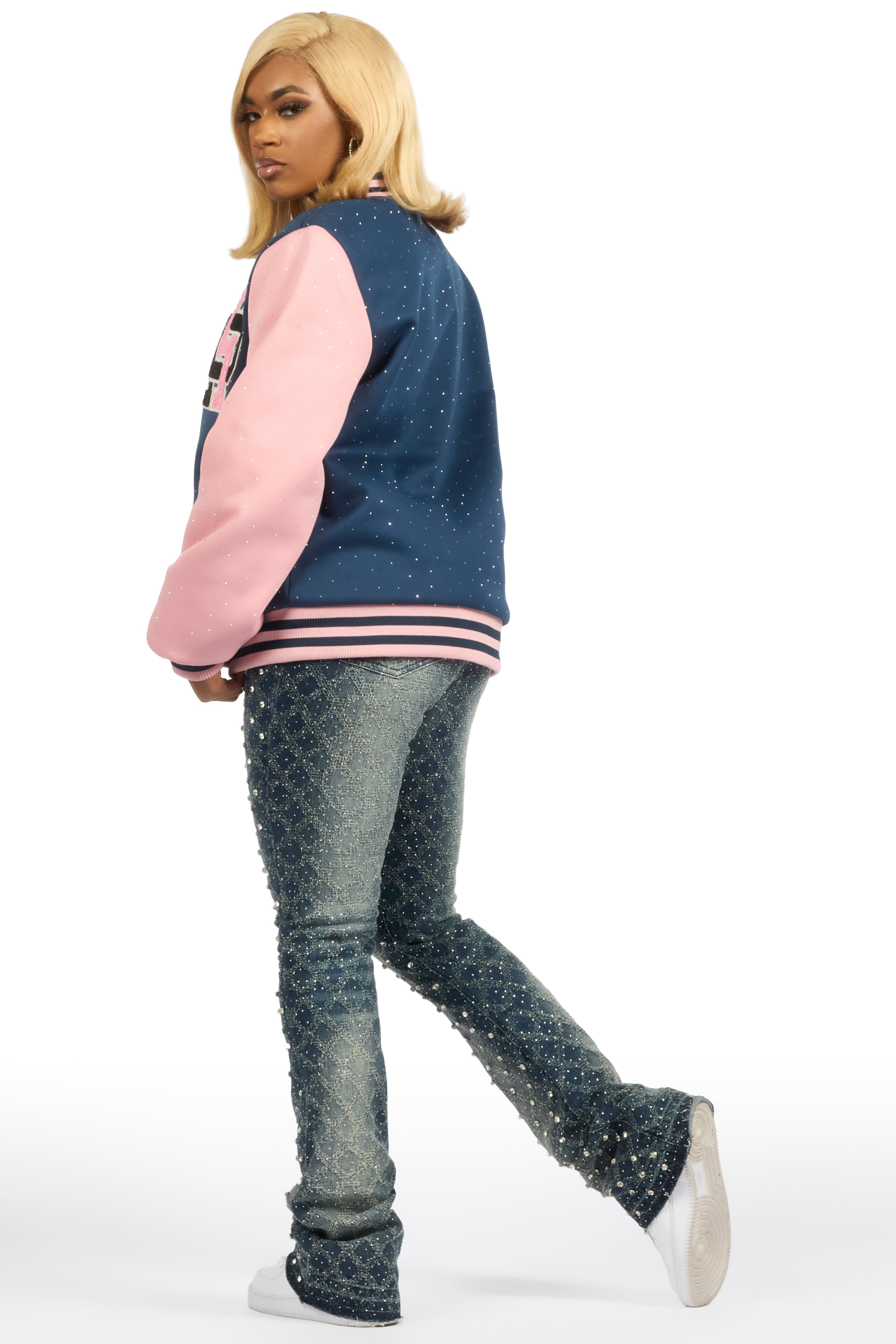 Ranesha Navy/Pink Rhinestone Varsity Jacket