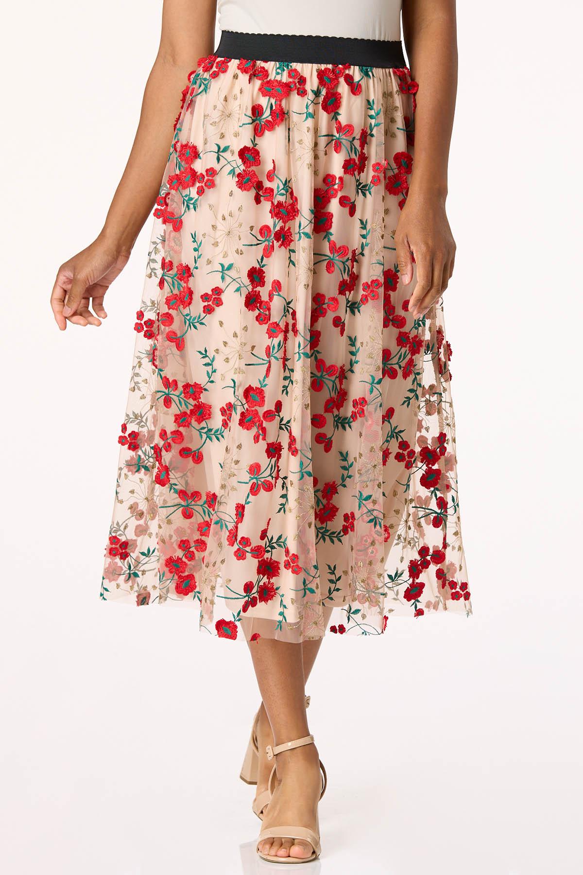 Floral Embroidered Mesh Midi Skirt