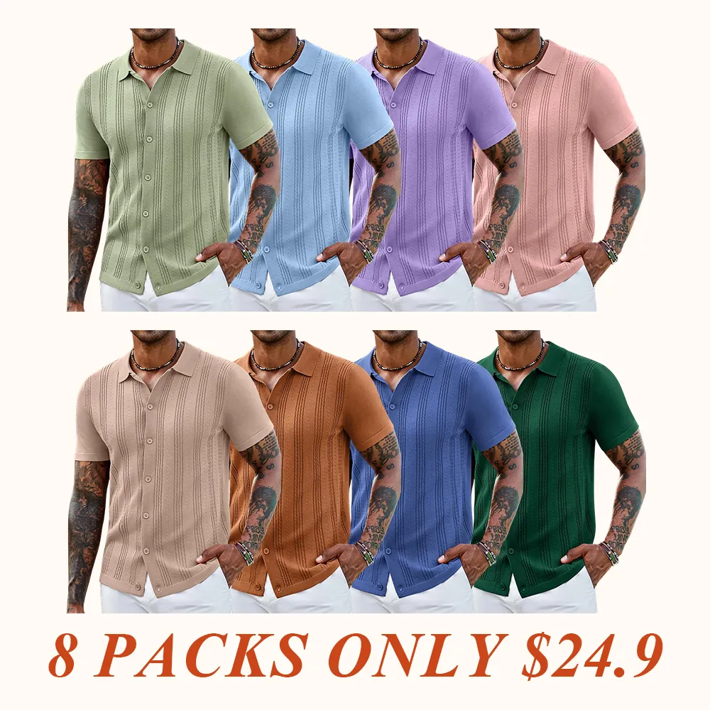 Men's Knit Shirts Short Sleeve Casual Button Down Polo Shirt Summer Beach Vacation Shirts Outfit Top