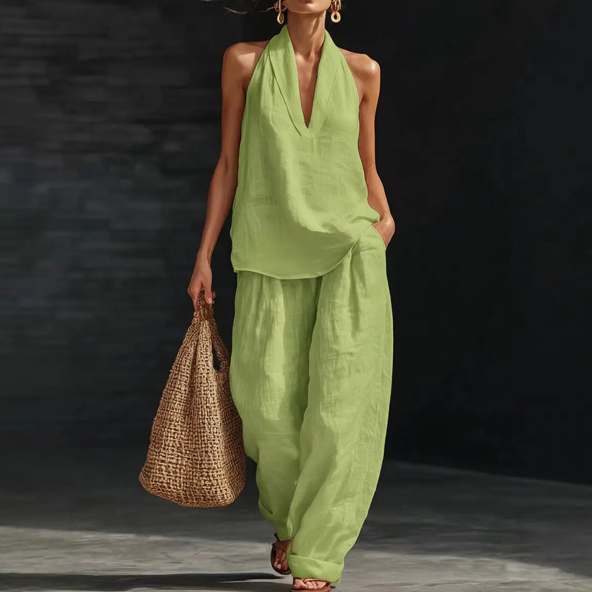 Boho Linen Two Piece Set - Perfect for Beach, Vacation & Brunch! Halter Neck Sleeveless Top Wide Leg Pants Set