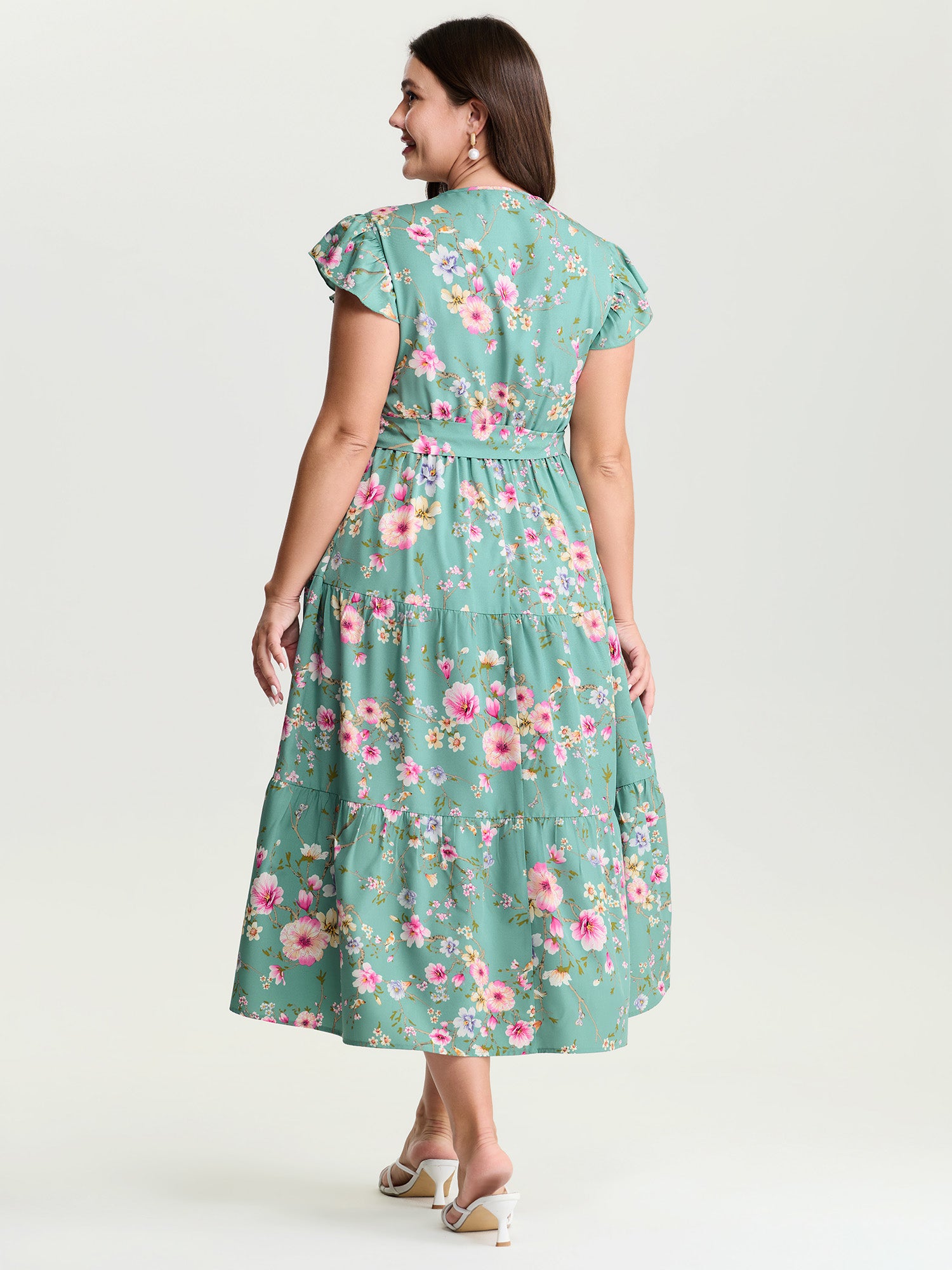 Playful Floral Print Flutter Sleeve Maxi Dress