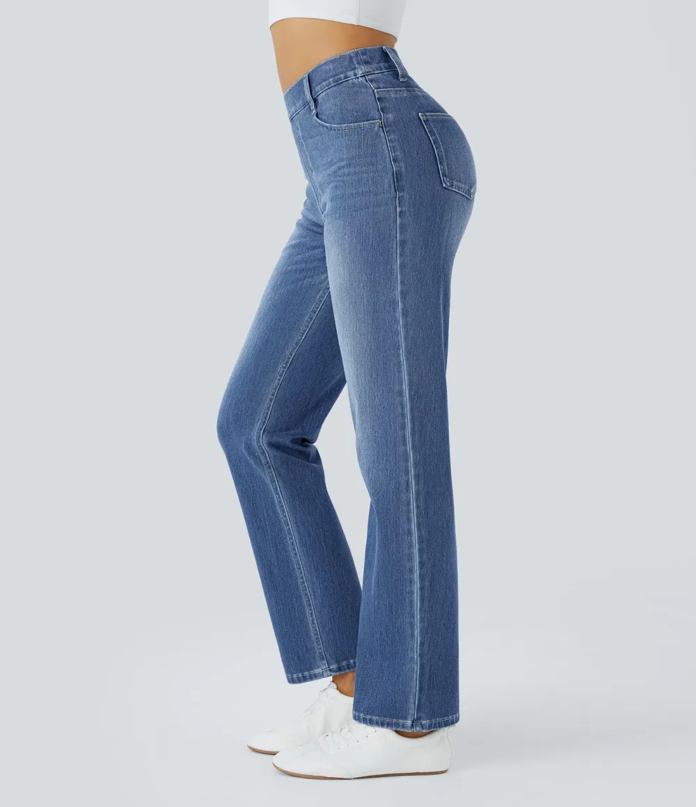 Stretch-Knit Straight-Leg Jeans with Multiple Pockets