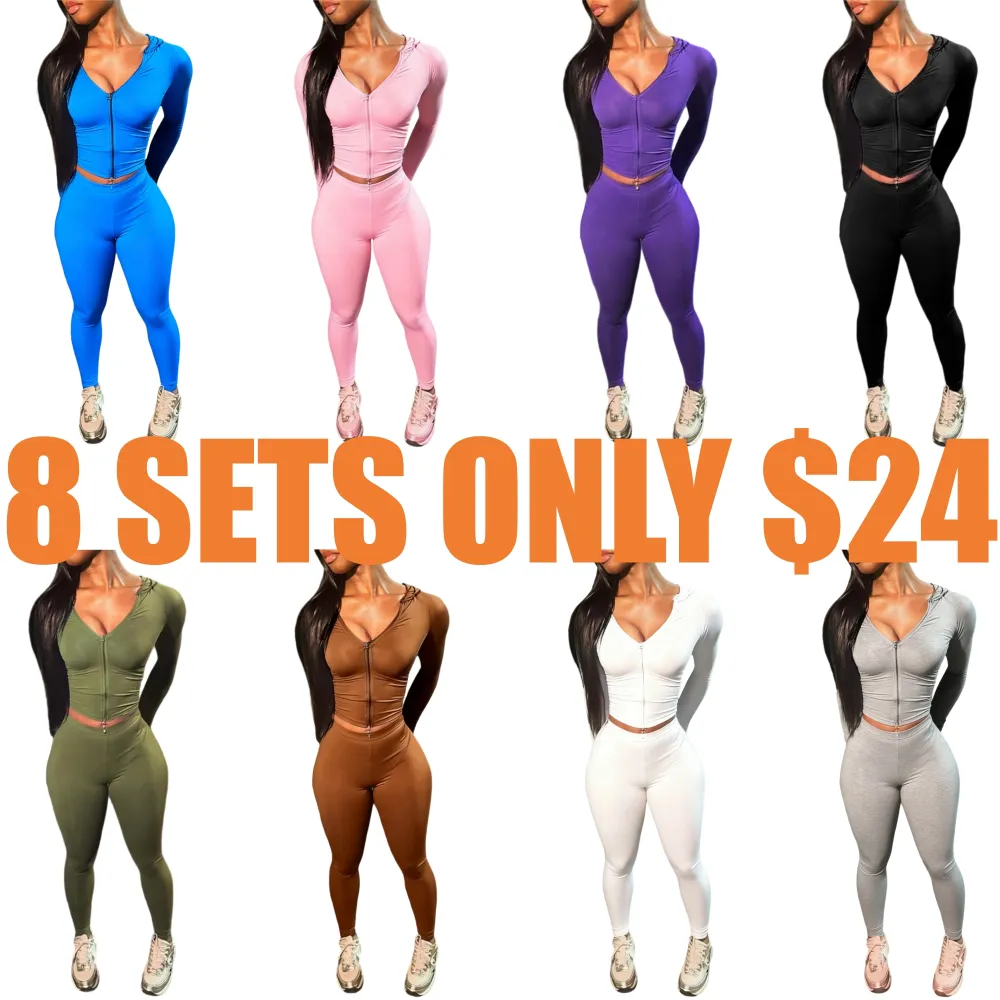 Women's Solid Color Zip Up Crop Top & High Waist Leggings Sets