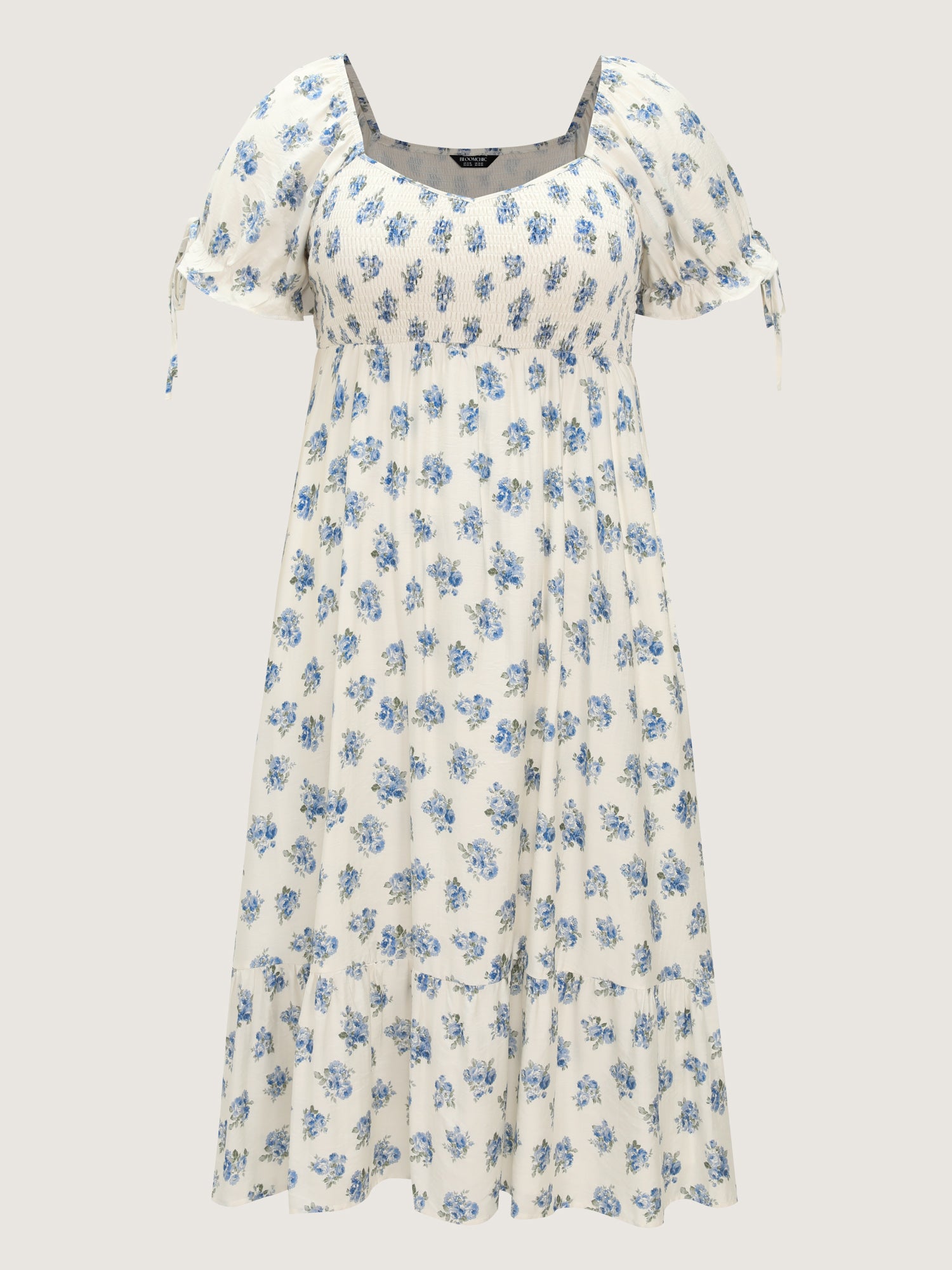 Floral Print Shirred Bodice Sleeve-Tie Maxi Dress