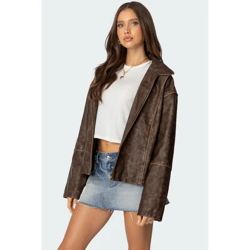 Oversized Washed Faux Leather Jacket