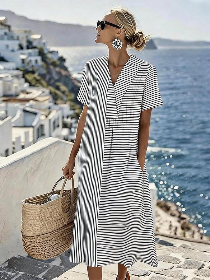 Women's Casual V-Neck Striped Loose Dress- Fast Shipping