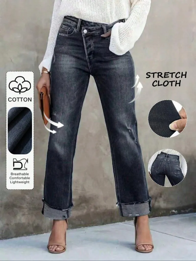 Women's Solid Color Jeans, Casual Comfy Denim Pants for Daily Wear, Ladies Bottoms for All Seasons