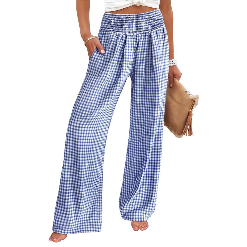 Women’s Gingham High-Waist Palazzo Lounge Pants with Pockets