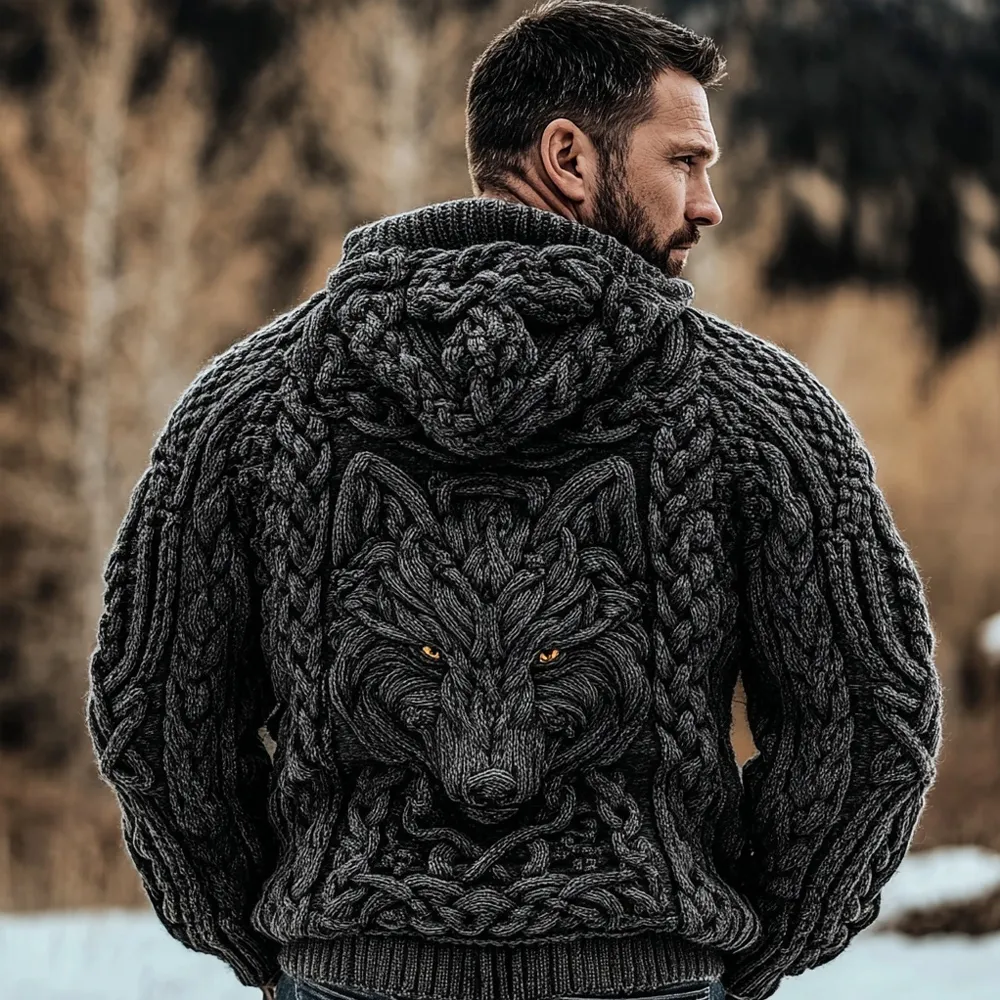 Men's Viking Celtic Wolf Knit Chunky Hooded Sweater