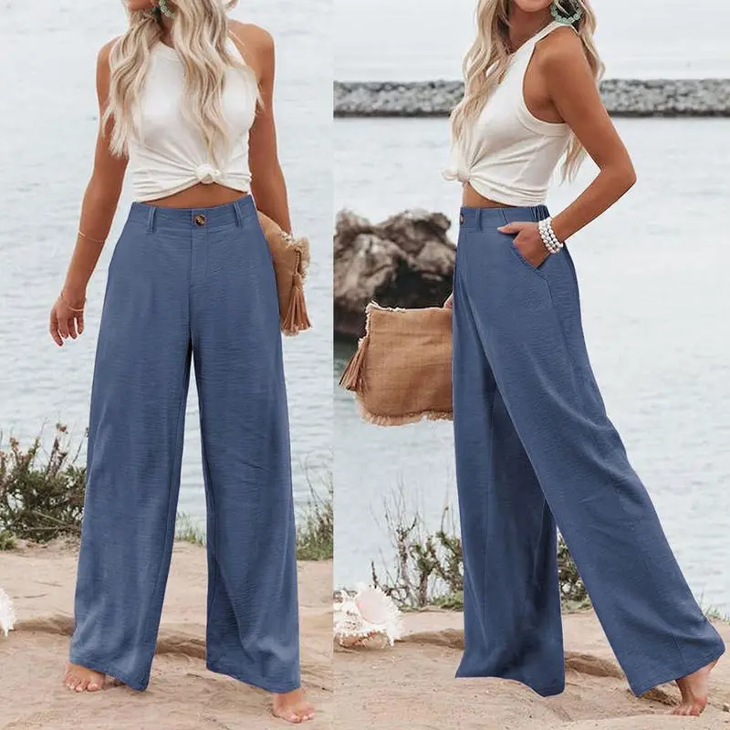 Womens Cotton Linen Pants Casual Button Up High Waisted Wide Leg Trousers Wideleg Loose Womenswear Apricot