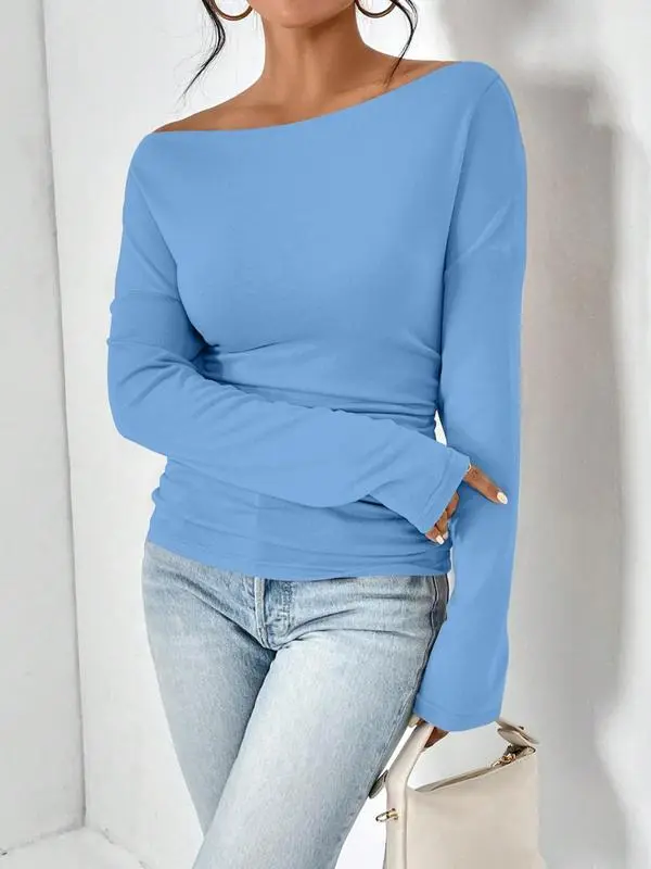 Women's Plain Ruched Asymmetrical Neck Drop Shoulder Tee