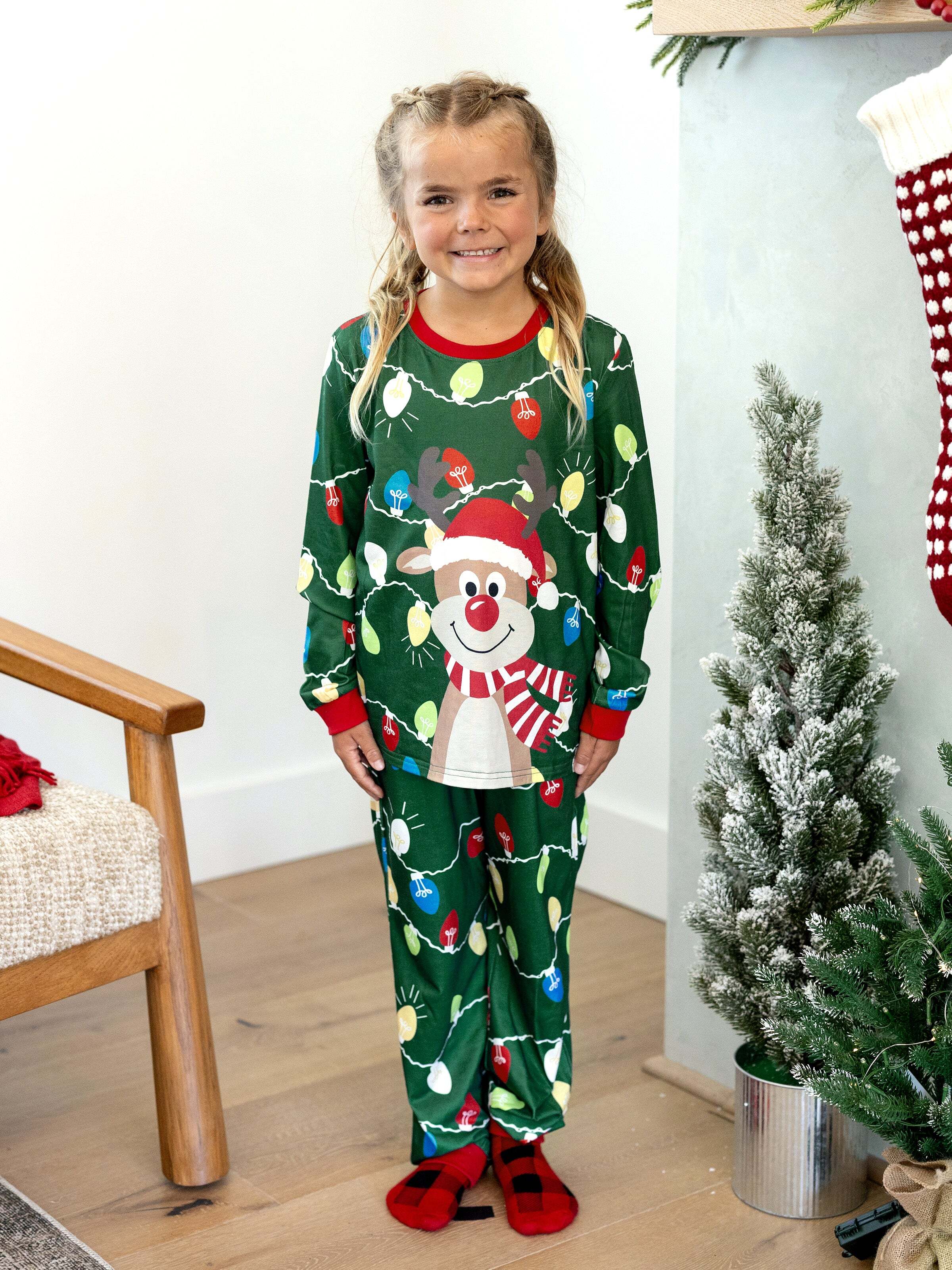 Christmas Matching Family Pajamas Set Reindeer Green Print PJS with Christmas Socks Green