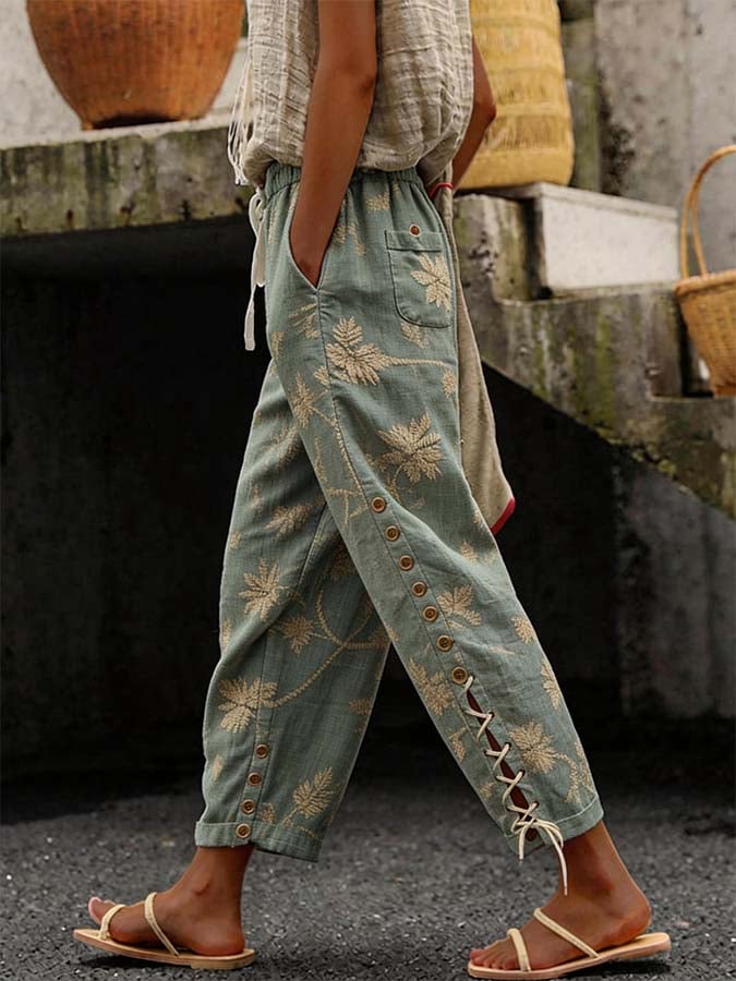 Women'S Casual Printed Button-Up Tie Cotton Linen Trousers