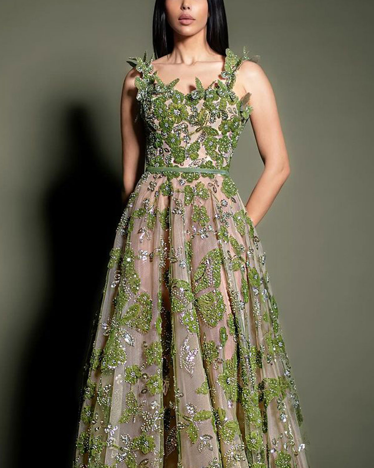 Green Embroidered Sequin Dress
