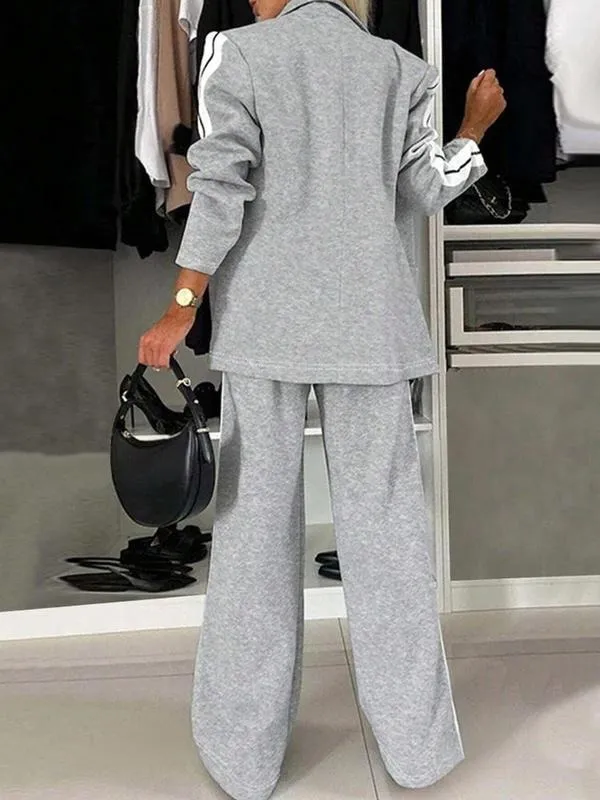 Women's Striped Print Blazer Jacket & Wide Leg Pants Set