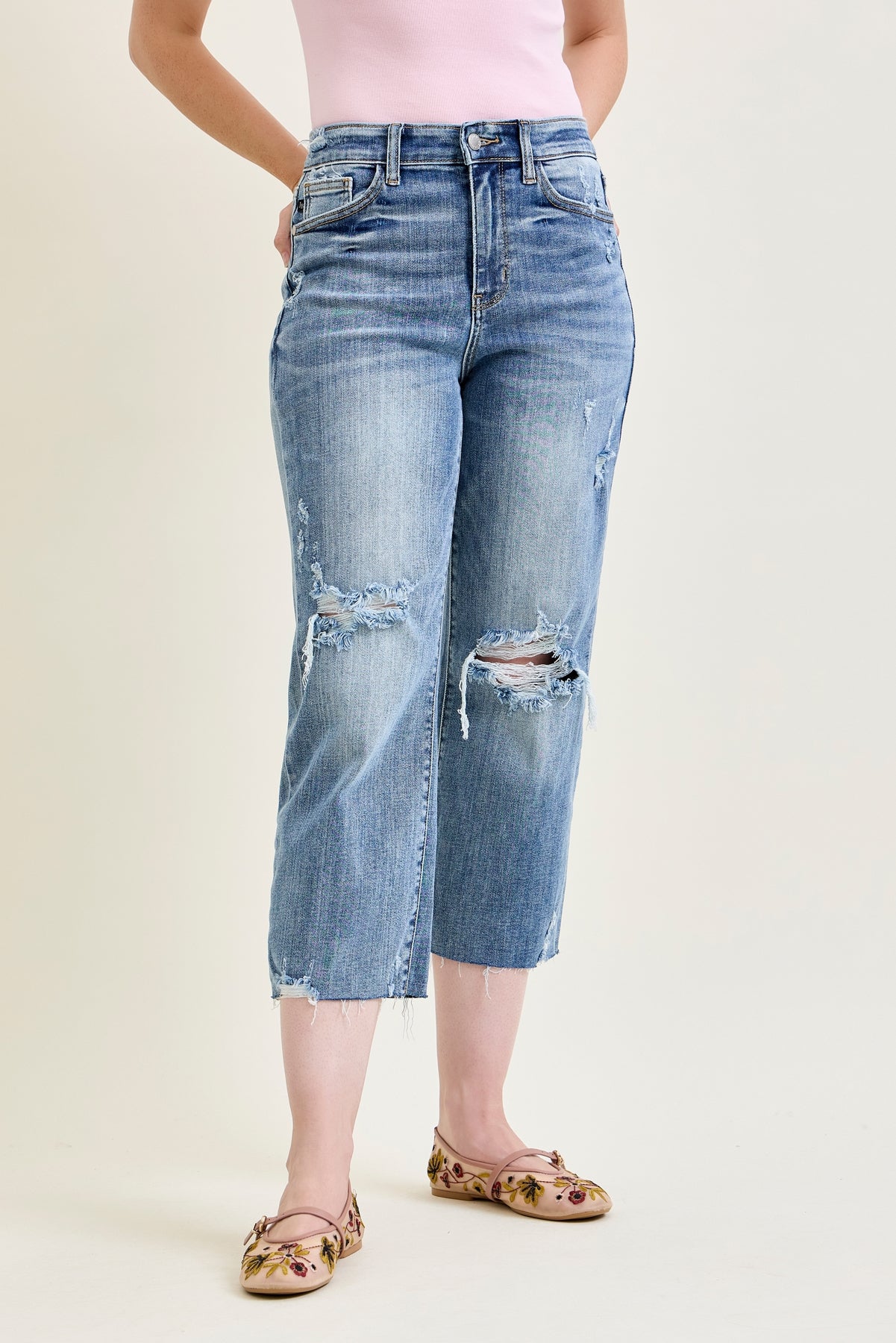 Celeste High Rise With Distressed Crop Wide Leg