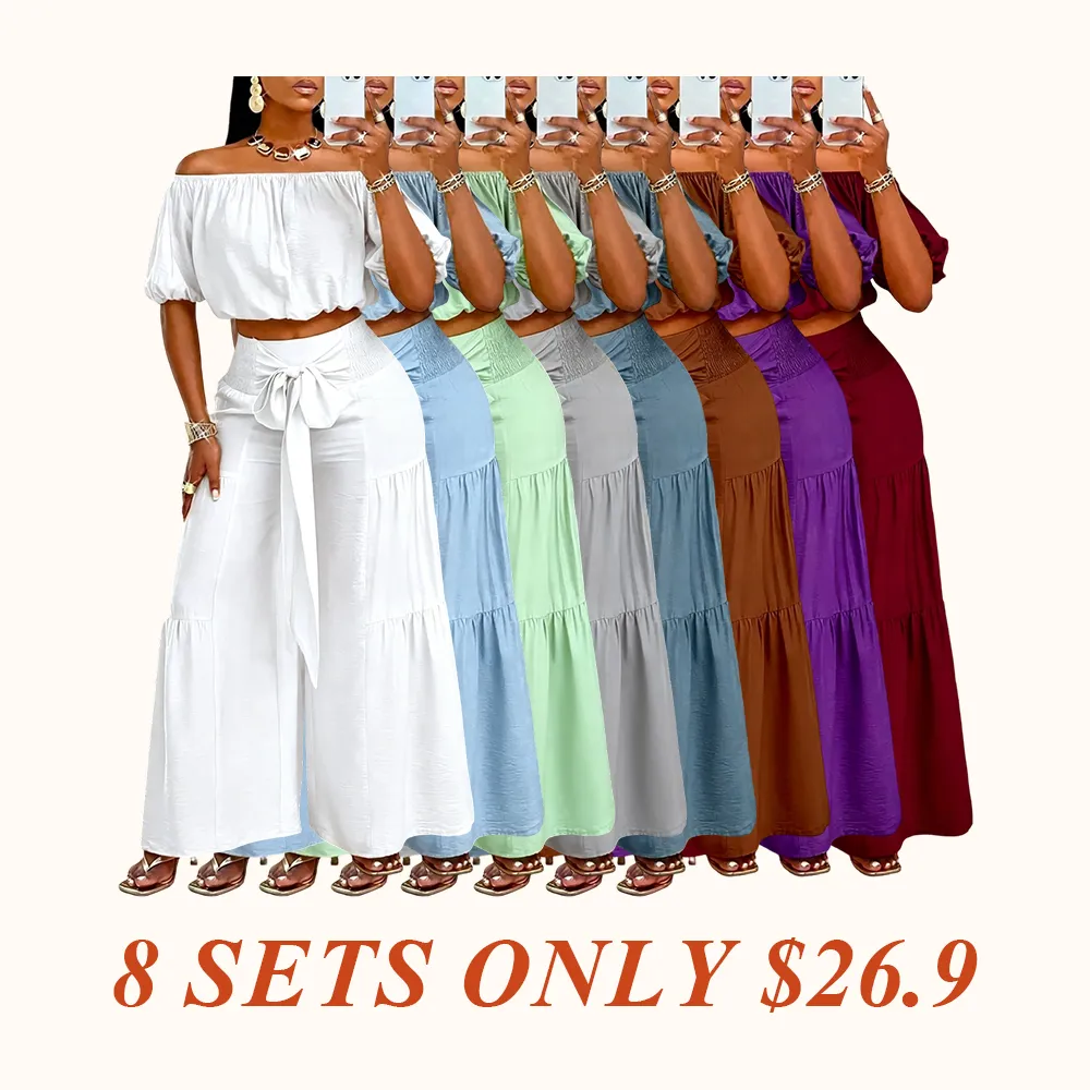 Women's Solid Color Top & Wide Leg Pants Set, Casual Off Shoulder Top & Palazzo Pants for Summer