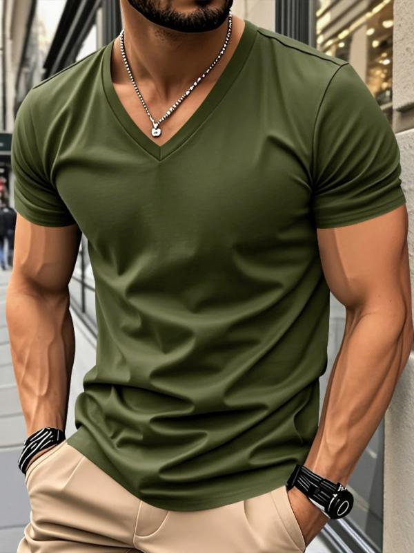 Men's Solid V-Neck Short Sleeve T-Shirt, Soft Breathable Heart-Neck Top, Classic Basic Versatile Tee – Suitable for Daily Wear, Layering & Outdoor Sports, Casual Fashion Must-Have for Men