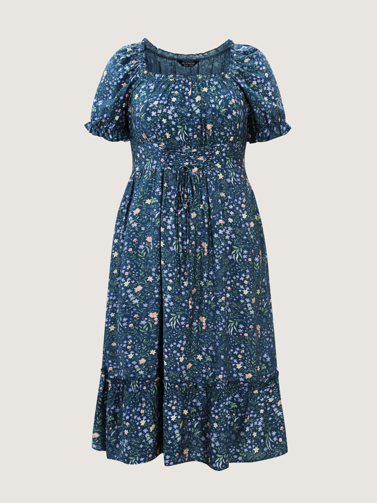 Floral Print Puffy Sleeve Cinched-Waist Midi Dress