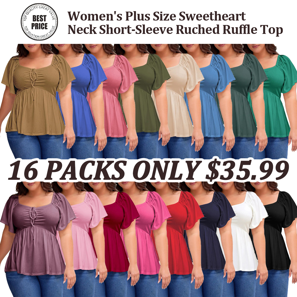 ⏰8 PACKS Women's Plus Size Sweetheart Neck Short Sleeve Shirred Peplum Blouse Tops Shirts(1X-5X)