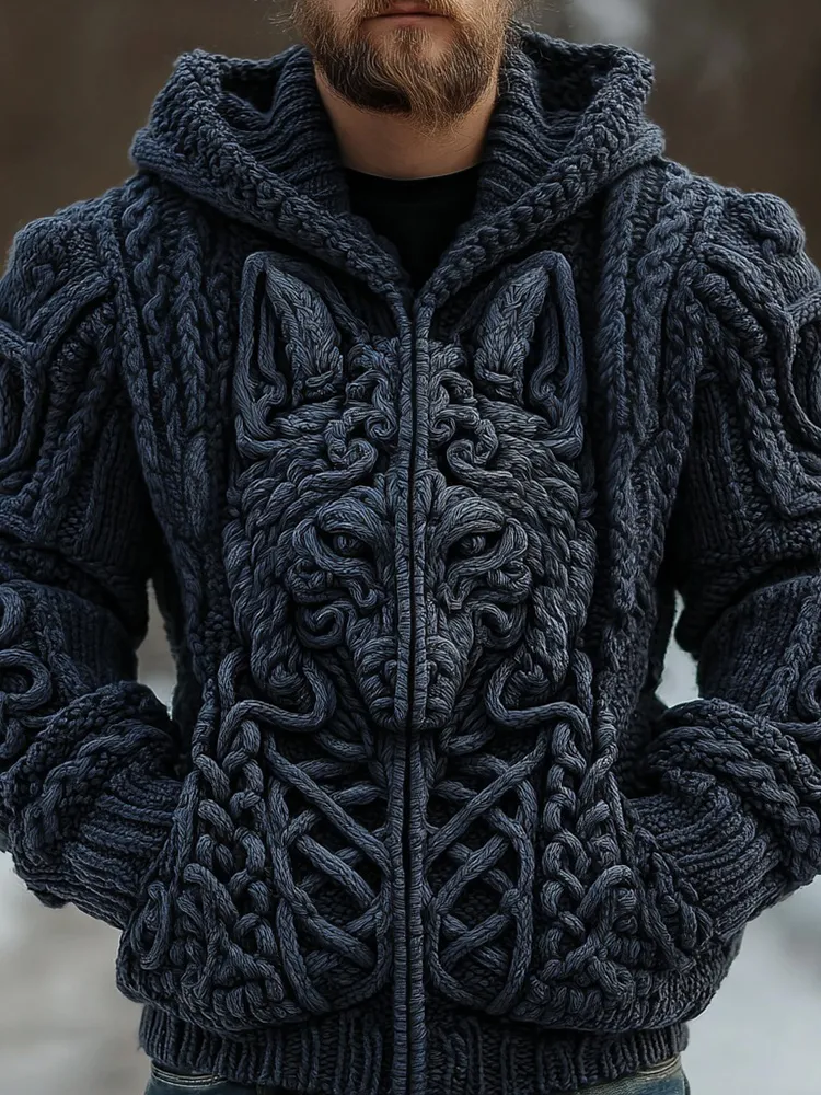 Men's Vintage Viking Wolf Knit Jacquard Zip-up Hooded Sweater