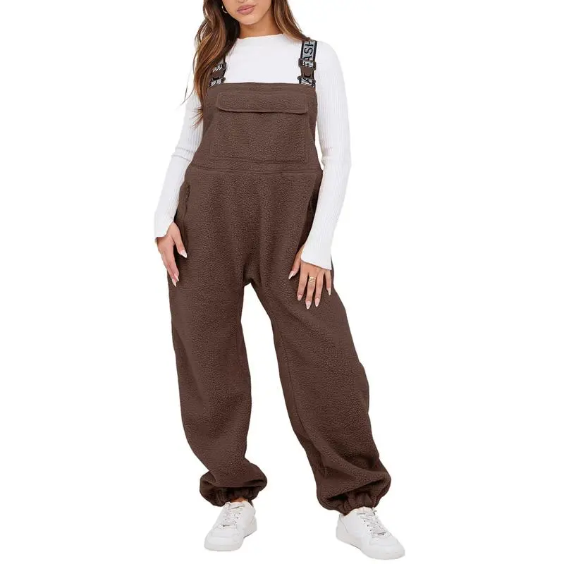 Women Fleece Overalls One-piece Bibs Jumpsuits
