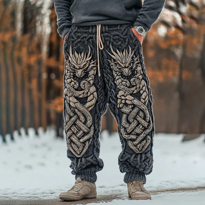 Men's Viking Celtic Knot Dragon Art Wide Leg Warm Knit Pants