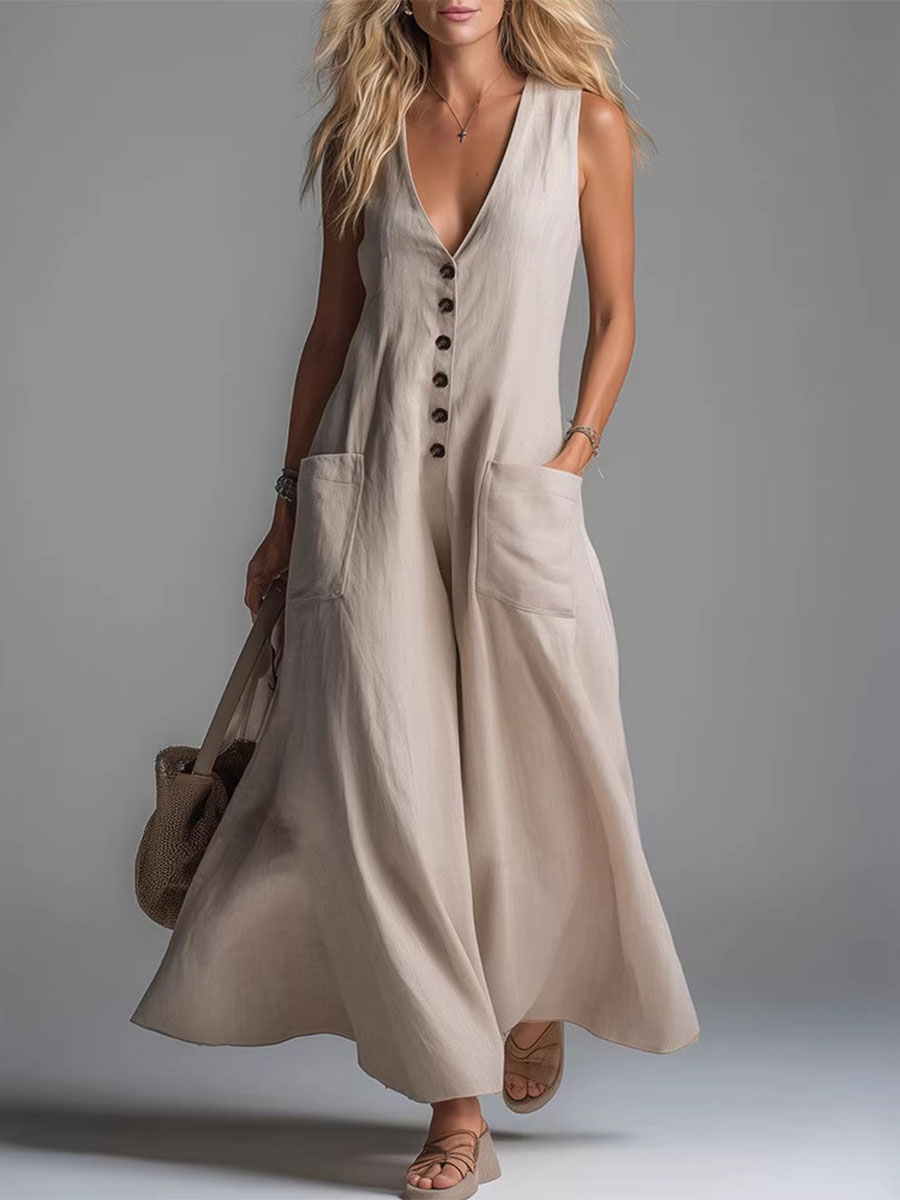 Women's Casual Pocket Deep V-neck Solid Color Casual Dress