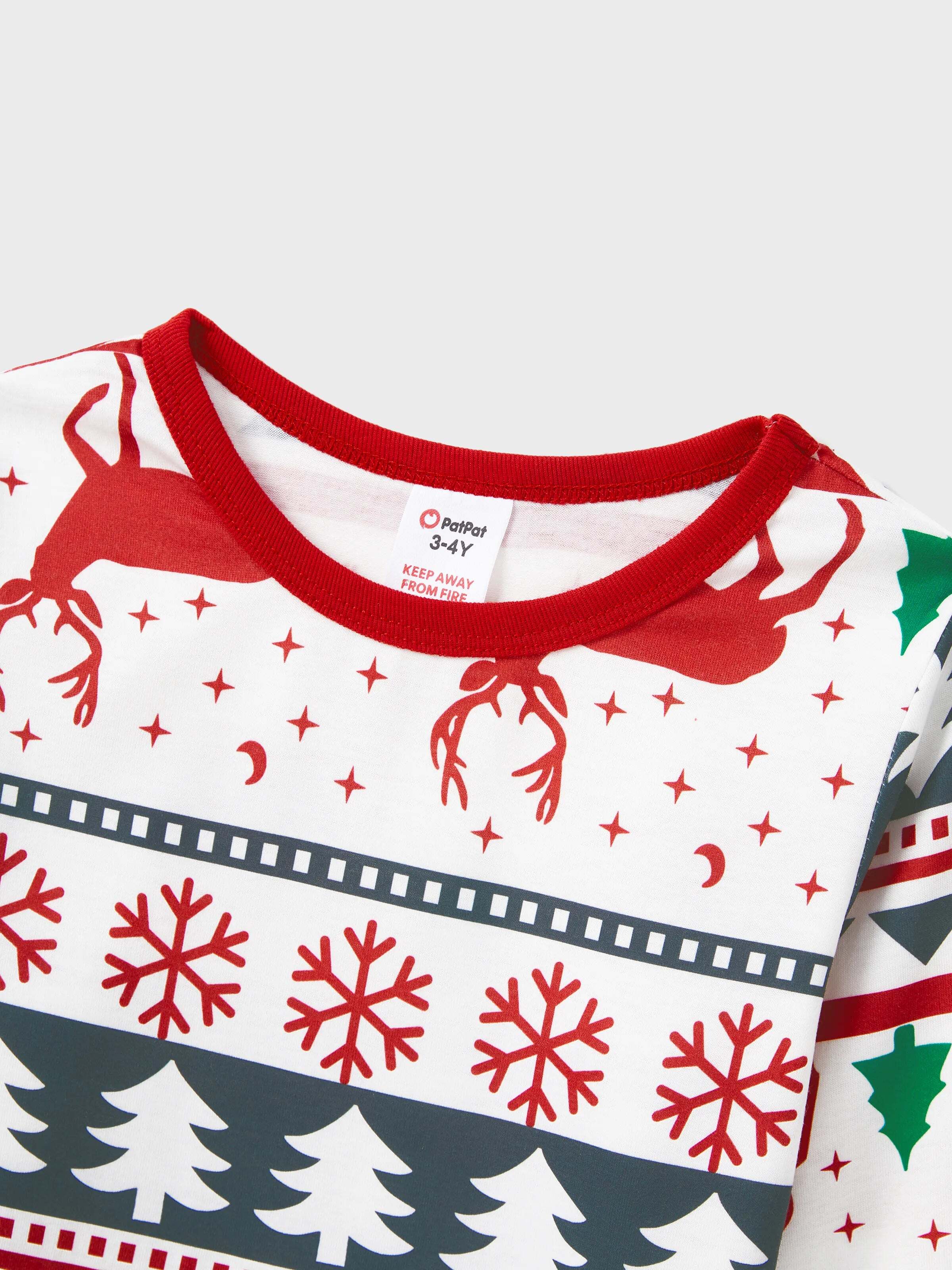 Family Christmas Pajamas All Over Reindeer Print Long-sleeve with Christmas Socks (SGS Certied Safety) Red+White