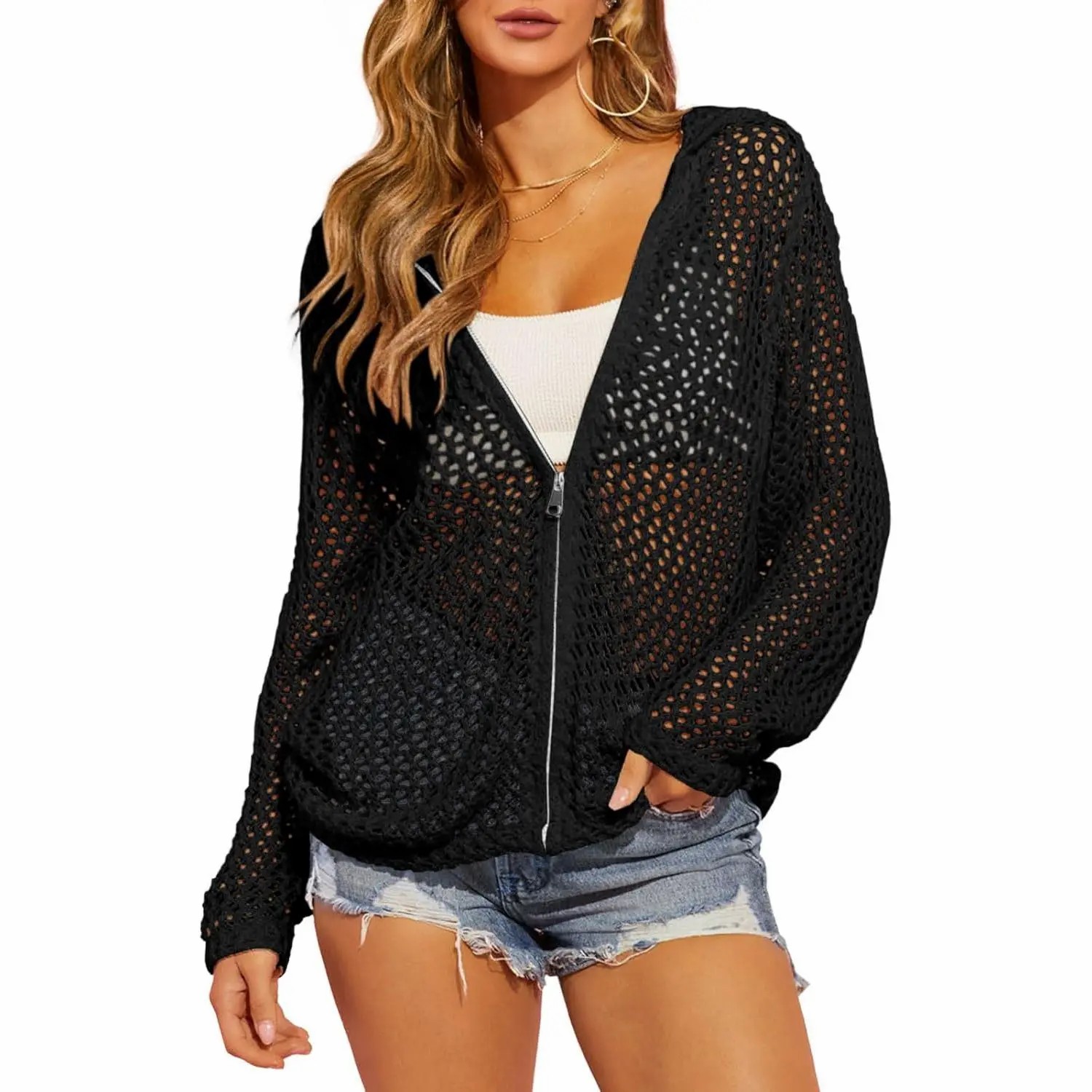 Women's Crochet Lightweight Cardigan – Zip Up Hooded Mesh Beach Cover Up