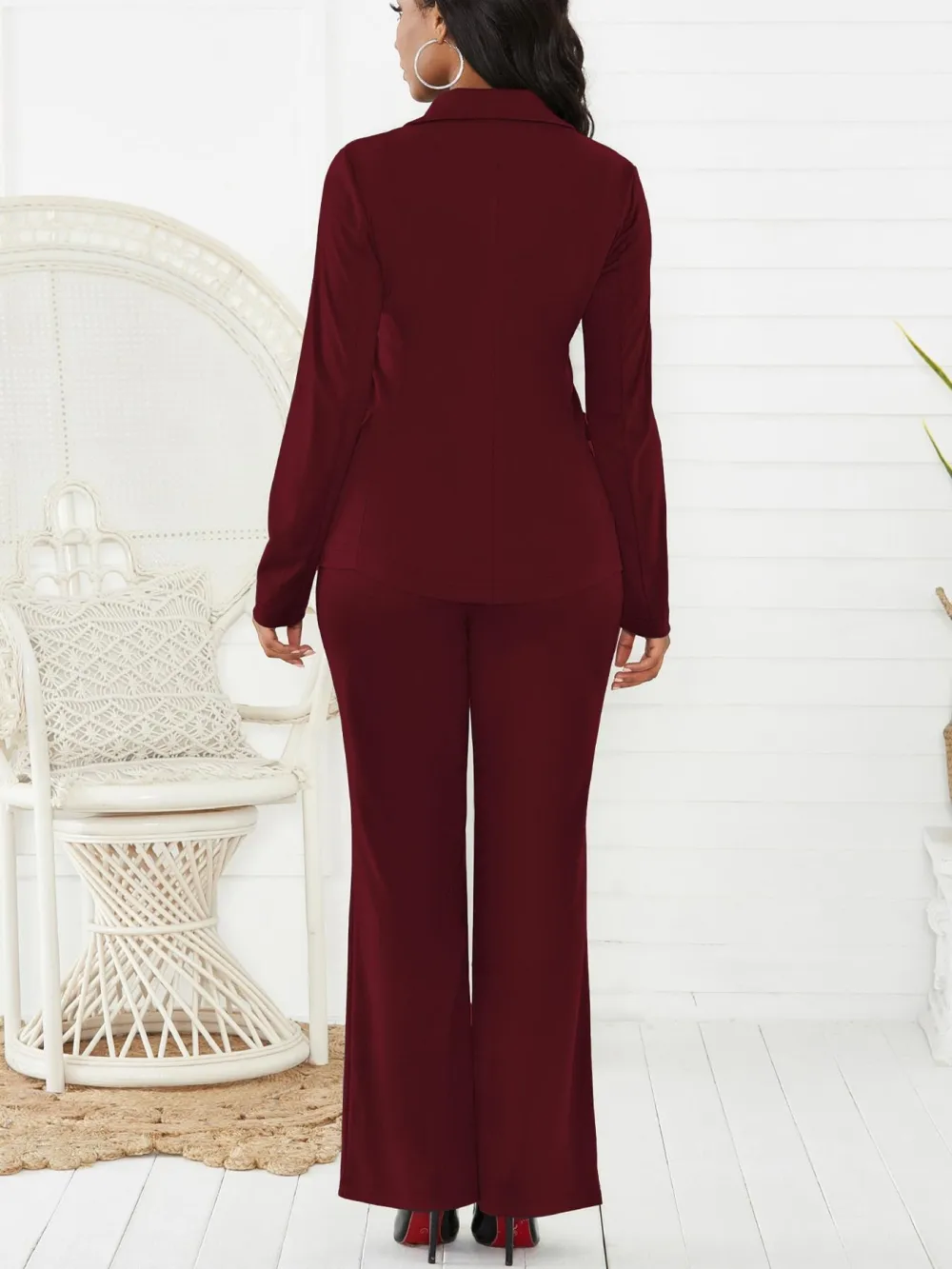 Women's Two-Piece Set Plain Button Lapel Blazer & Suit Pants, Elegant Business Casual Long Sleeve Outerwear