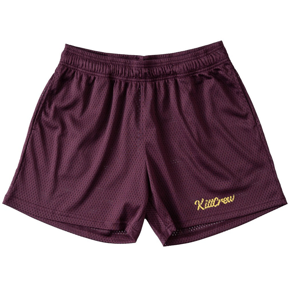 VENTED MESH SHORTS SCRIPT - MAROON / GOLD