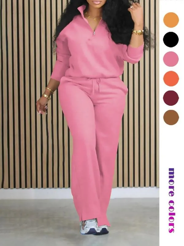 Women's Solid Half Placket Split Hem Pants Set