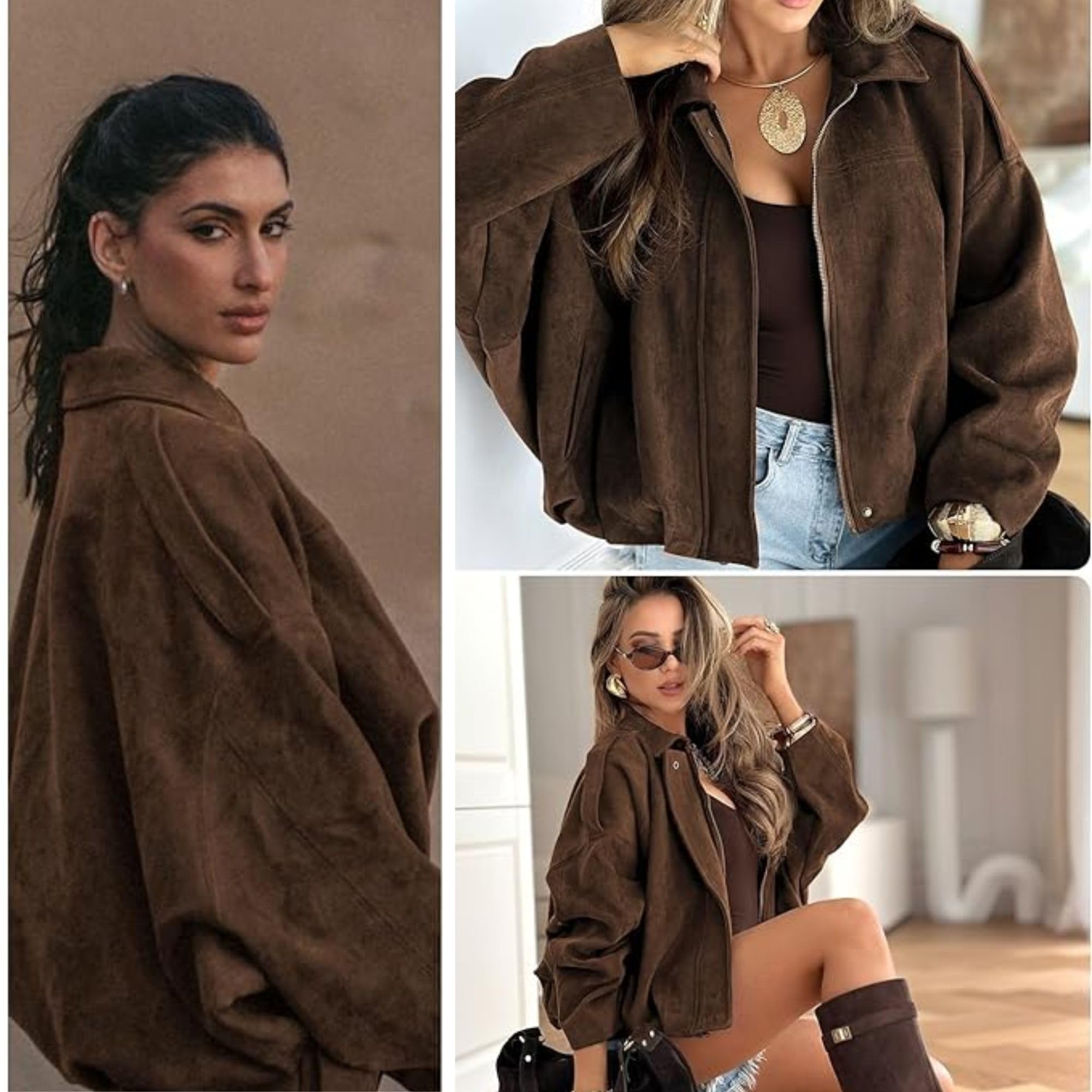Xunger Women's Faux Suede Bomber Jacket Spring Lapel Pilot Coat Casual Oversized Long Sleeves Trendy Streetwear Outerwear