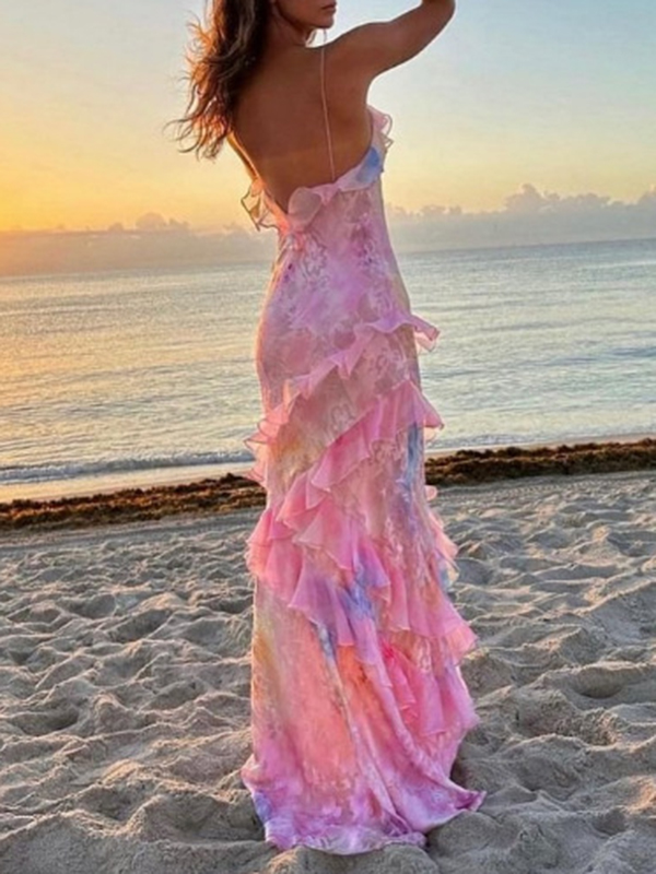 Flower Printed Gradient Sleevless Spaghetti-Neck Maxi Dresses