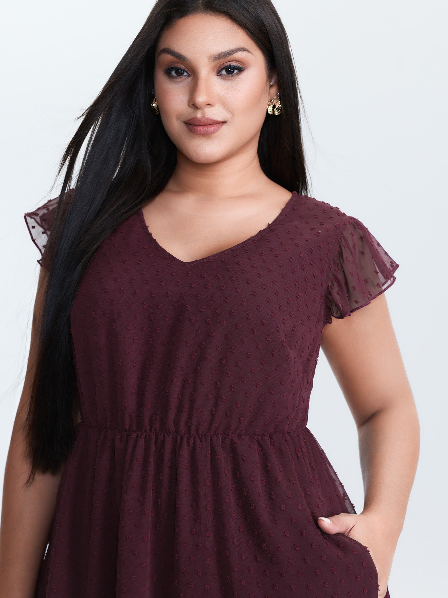 Textured Chiffon Flutter Sleeve Midi Dress