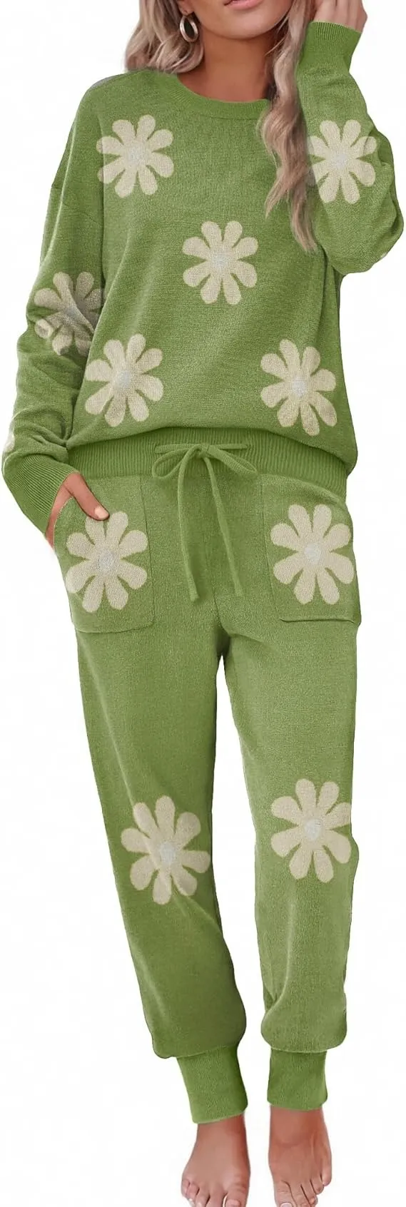 Women's Long Sleeve Knit Loungewear Set Jogger Pants Outfit