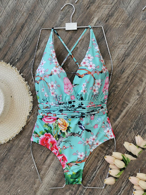 Floral Printed Deep-V-Neck Bandage One-Piece Swimwear