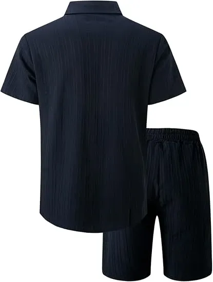 Men'S Solid Textured Short Sleeve Button Front Shirt & Pocket Drawstring Waist Shorts Two-Piece Set, Casual Summer Outfits Clothes Set For Men, Sets For Men Clothing, Menswear,  Summer Outfits Set