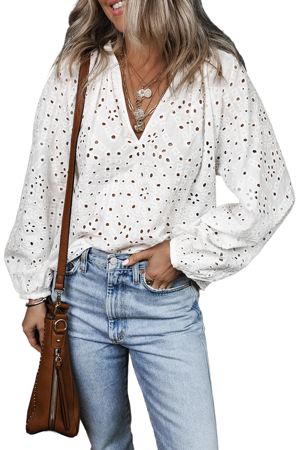 Eyelet Embroidered Puff Sleeve V Neck Blouse