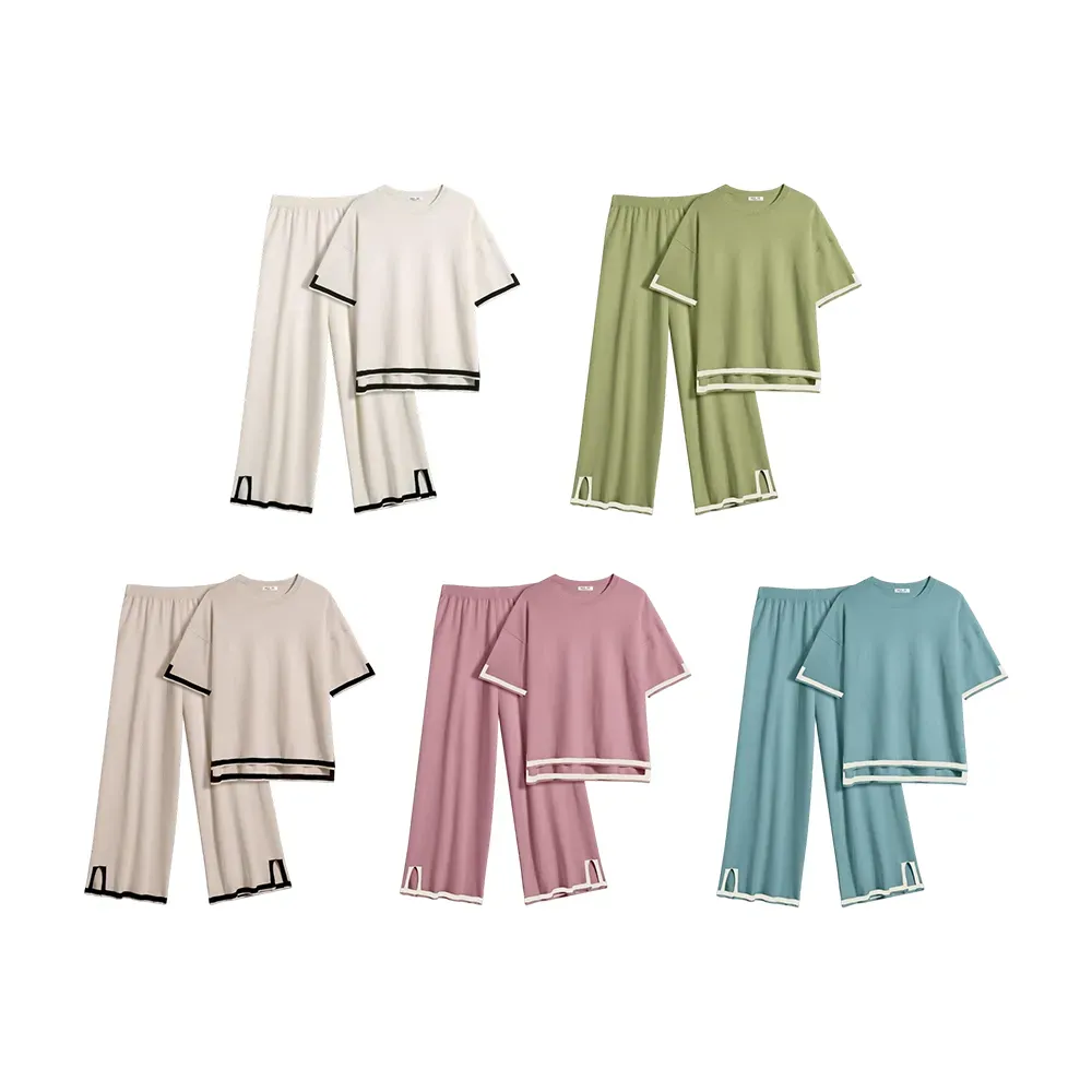 Women’s 2-Piece Knit Lounge Set – Short Sleeve Top & Wide-Leg Pants