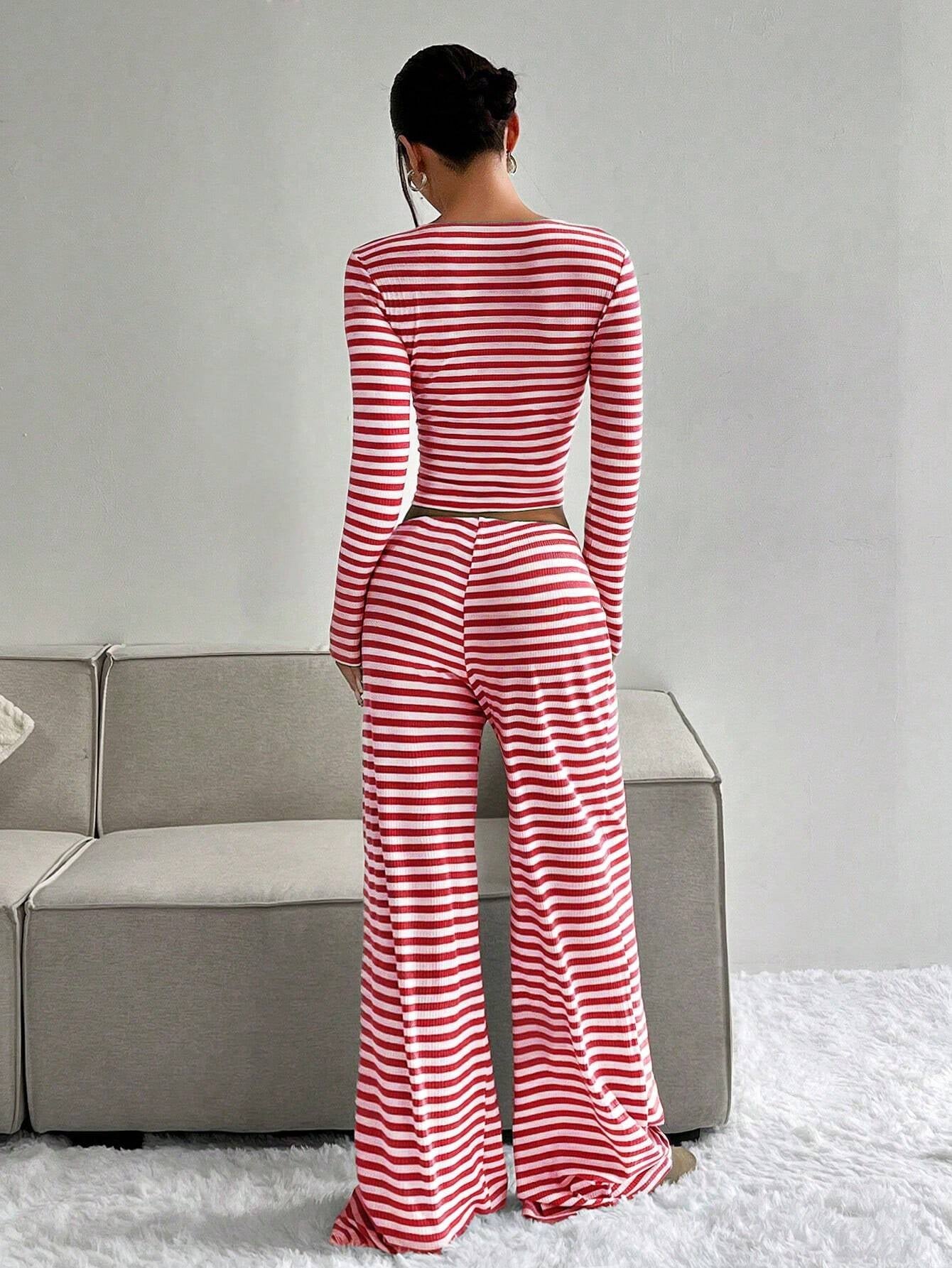 Women's Slouchy Square Neck Stripe Long Sleeve Crop Top & Low-Rise Wide Leg Trousers Co-ord, Minimalist Two Piece Outfits, Cozy Womenswear