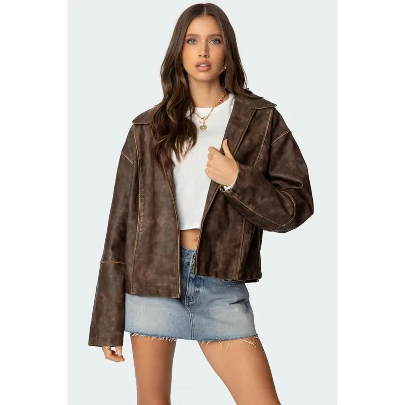 Oversized Washed Faux Leather Jacket
