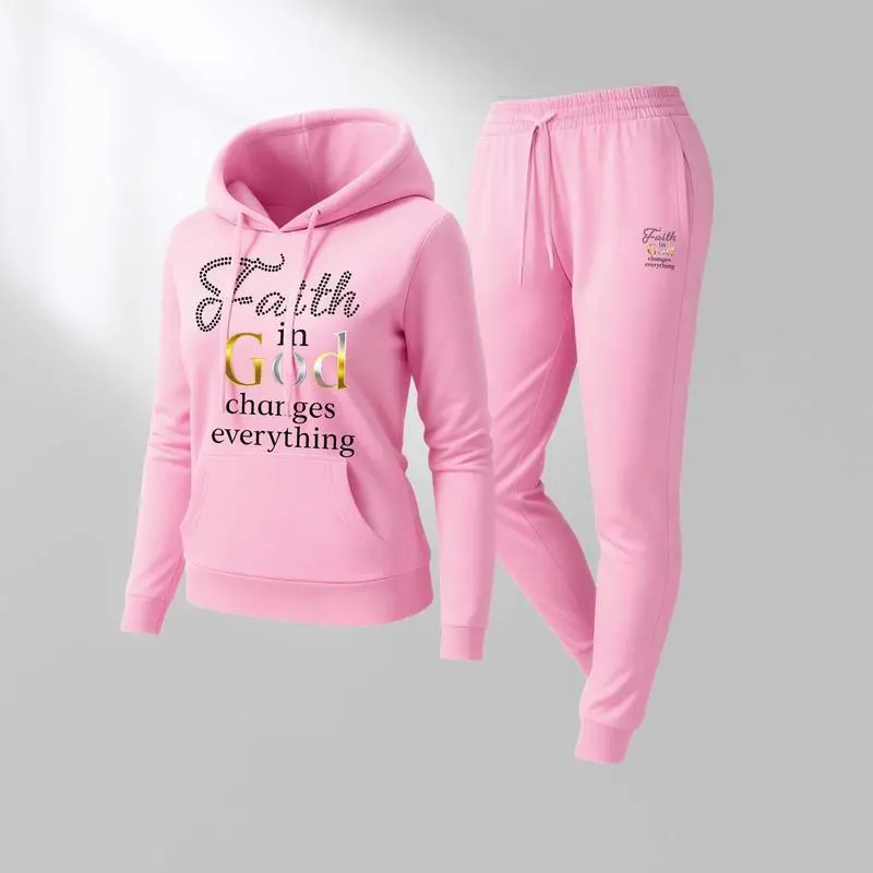 Women'S God Letter Print Hoodie And Drawstring Track Pants Set