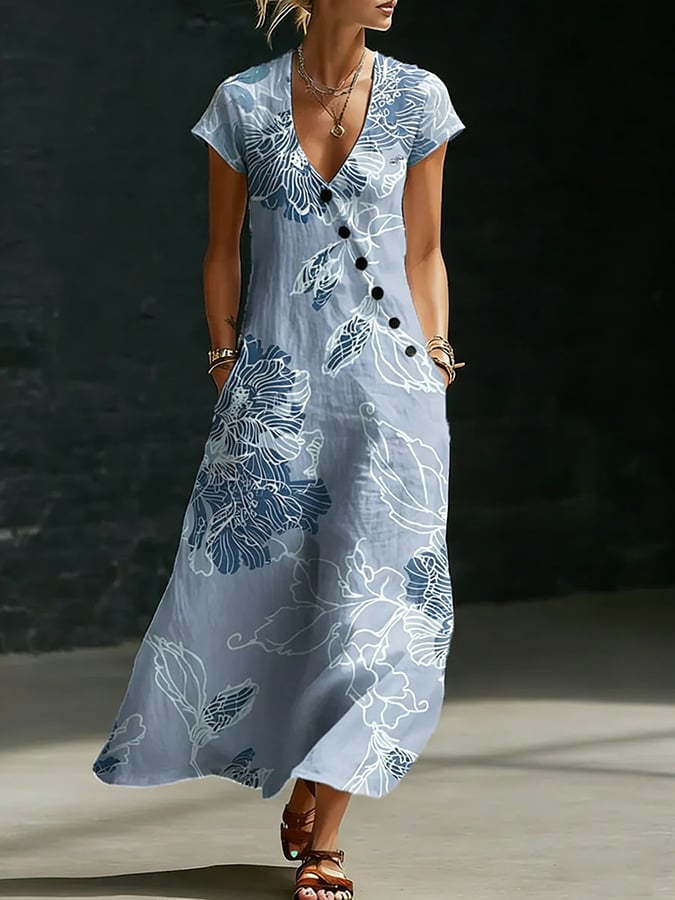 Women's Floral Pattern Art Print Casual Cotton Linen Dress- Fast Shipping