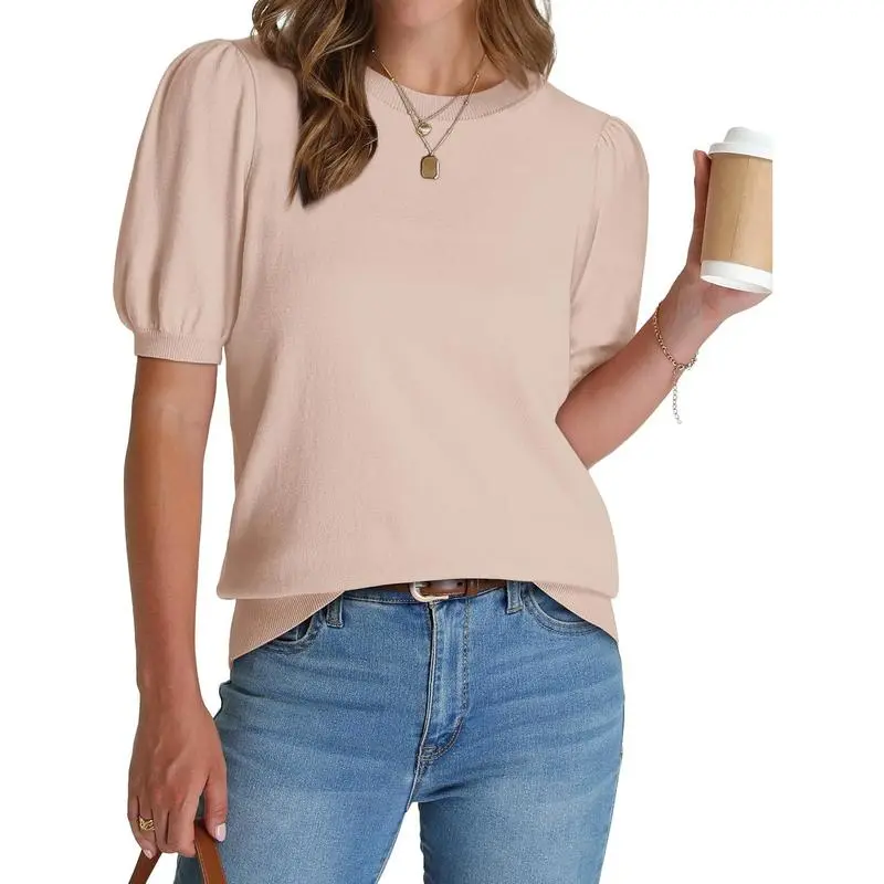 Women's Puff Short Sleeve 2026 Spring Summer Sweater - Lightweight Knit Top - Business Casual Blouse