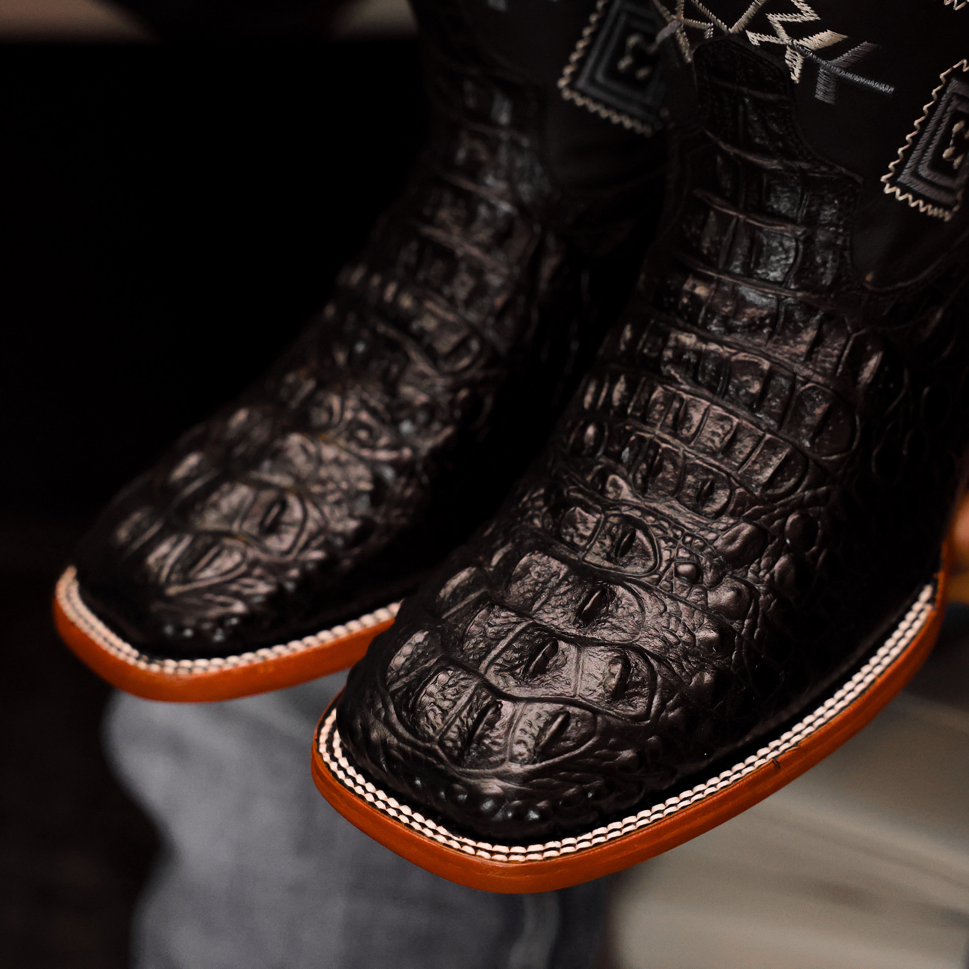 Black Caiman Neck Leather Boots - Square Toe
