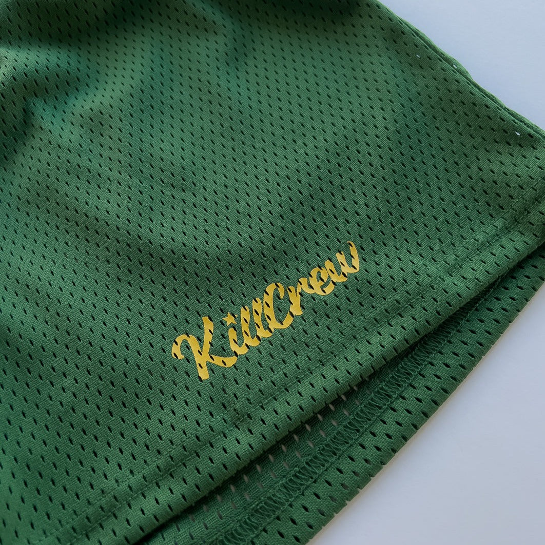 VENTED MESH SHORTS SCRIPT - GREEN / GOLD
