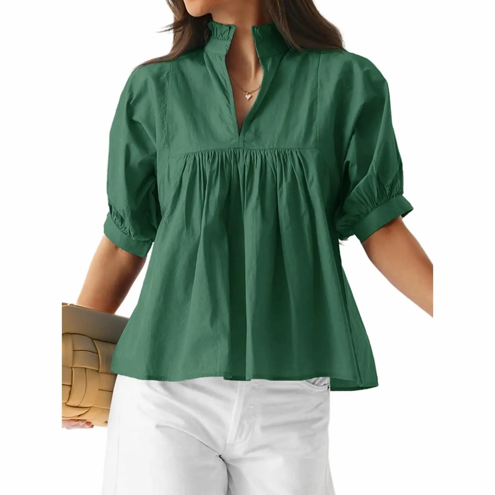 Women's V Neck Puff Sleeve Blouse – Babydoll Peplum Loose Fit Top