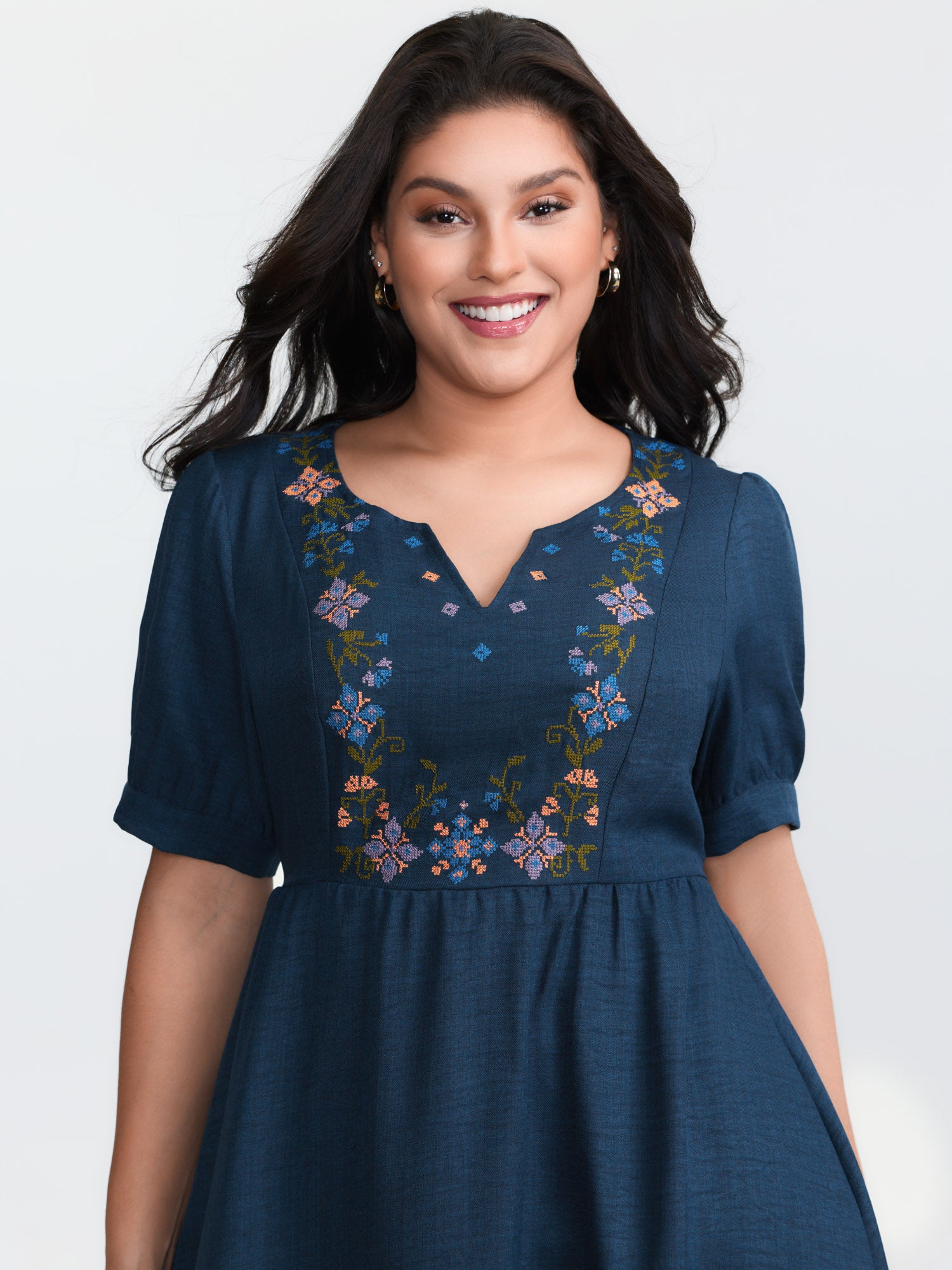 Floral Embroidered Neckline Textured Mini Dress